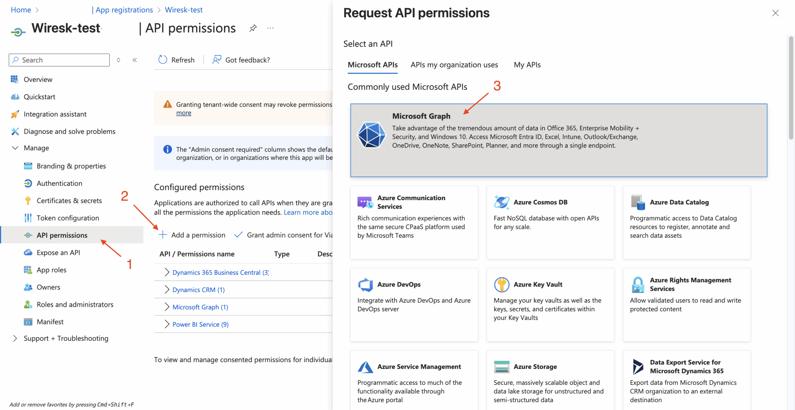 Screenshot of Azure App registrations showing API permissions. The left menu highlights "API permissions," and the right panel displays "Request API permissions" with Microsoft Graph selected under commonly used Microsoft APIs.