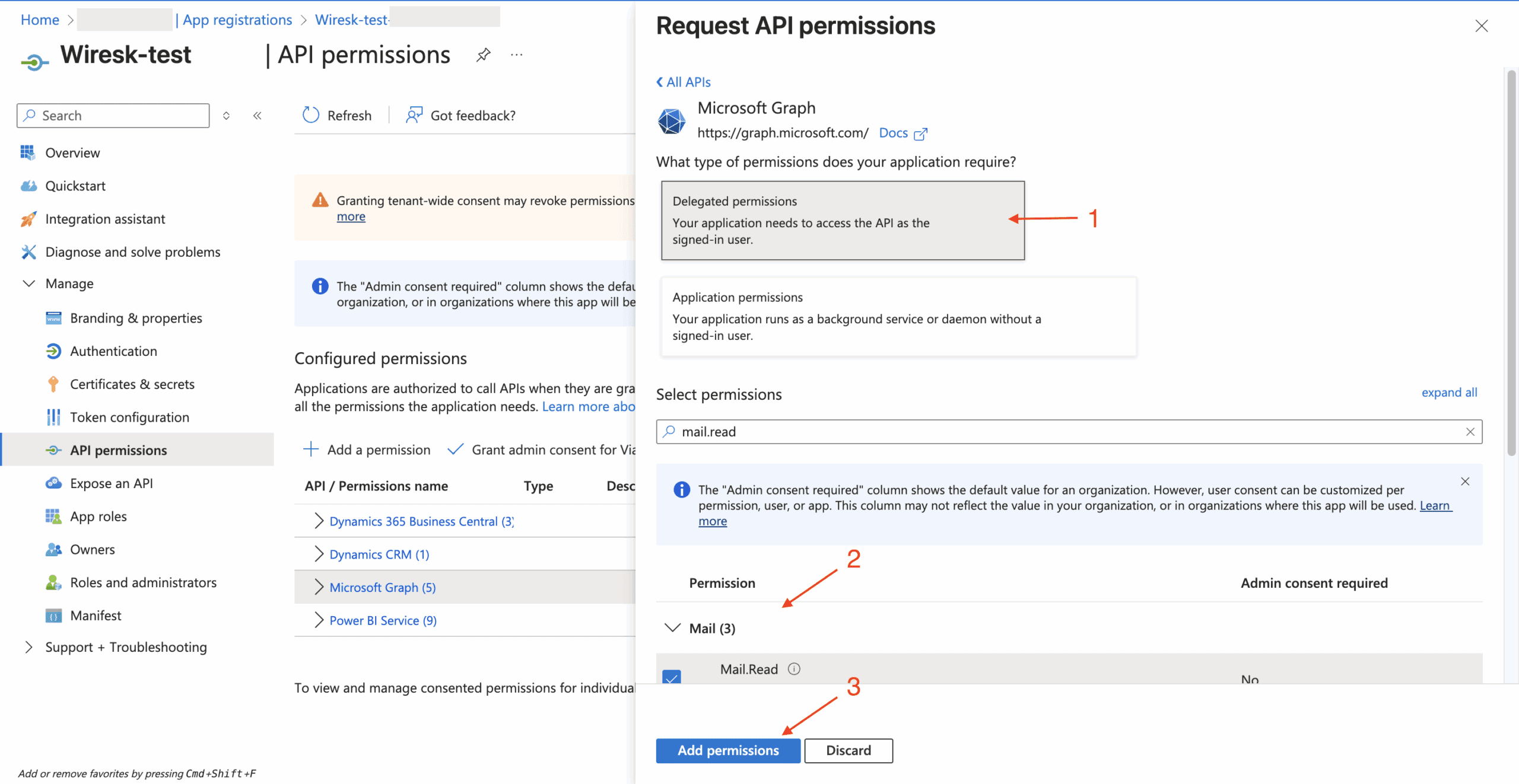 Screenshot of Azure App registrations showing API permissions. The panel selects Microsoft Graph → Delegated permissions, with Mail.Read highlighted, and the "Add permissions" button at the bottom.