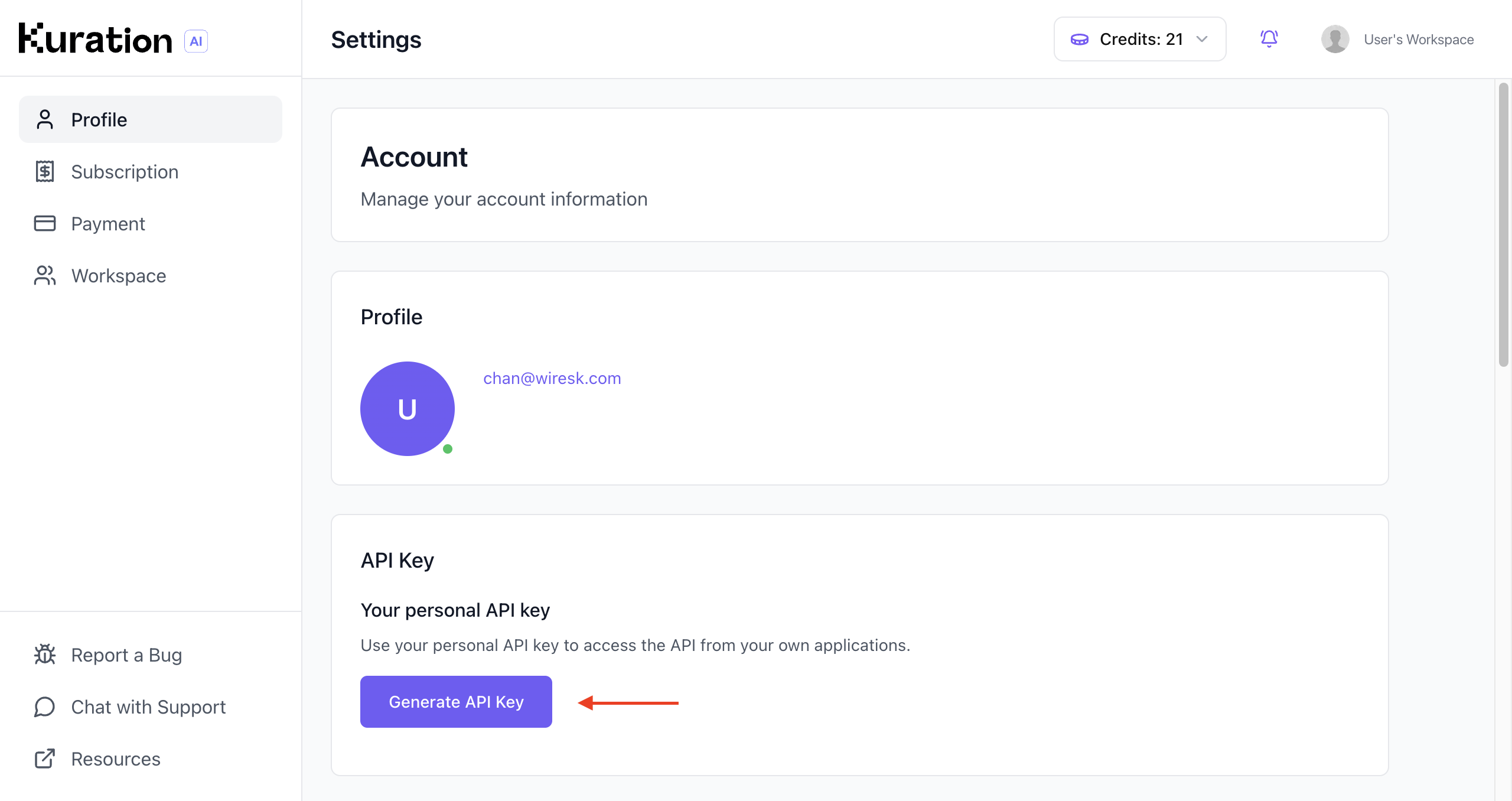 Kuration AI Settings page showing the Profile section. The API Key area includes a purple “Generate API Key” button highlighted with a red arrow.