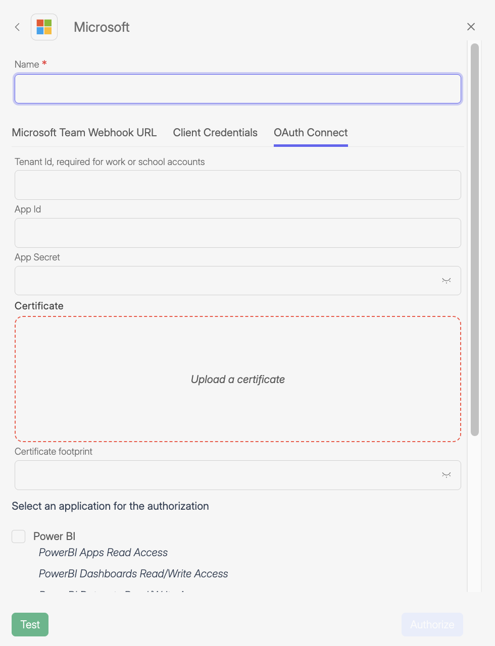 Wiresk Microsoft OAuth Connect configuration panel. Fields include Name, Tenant ID, App ID, App Secret, and an upload area for a certificate and certificate footprint. At the bottom, a list of Microsoft services such as Power BI appears, with read and write access options. Buttons for Test and Authorize are visible.