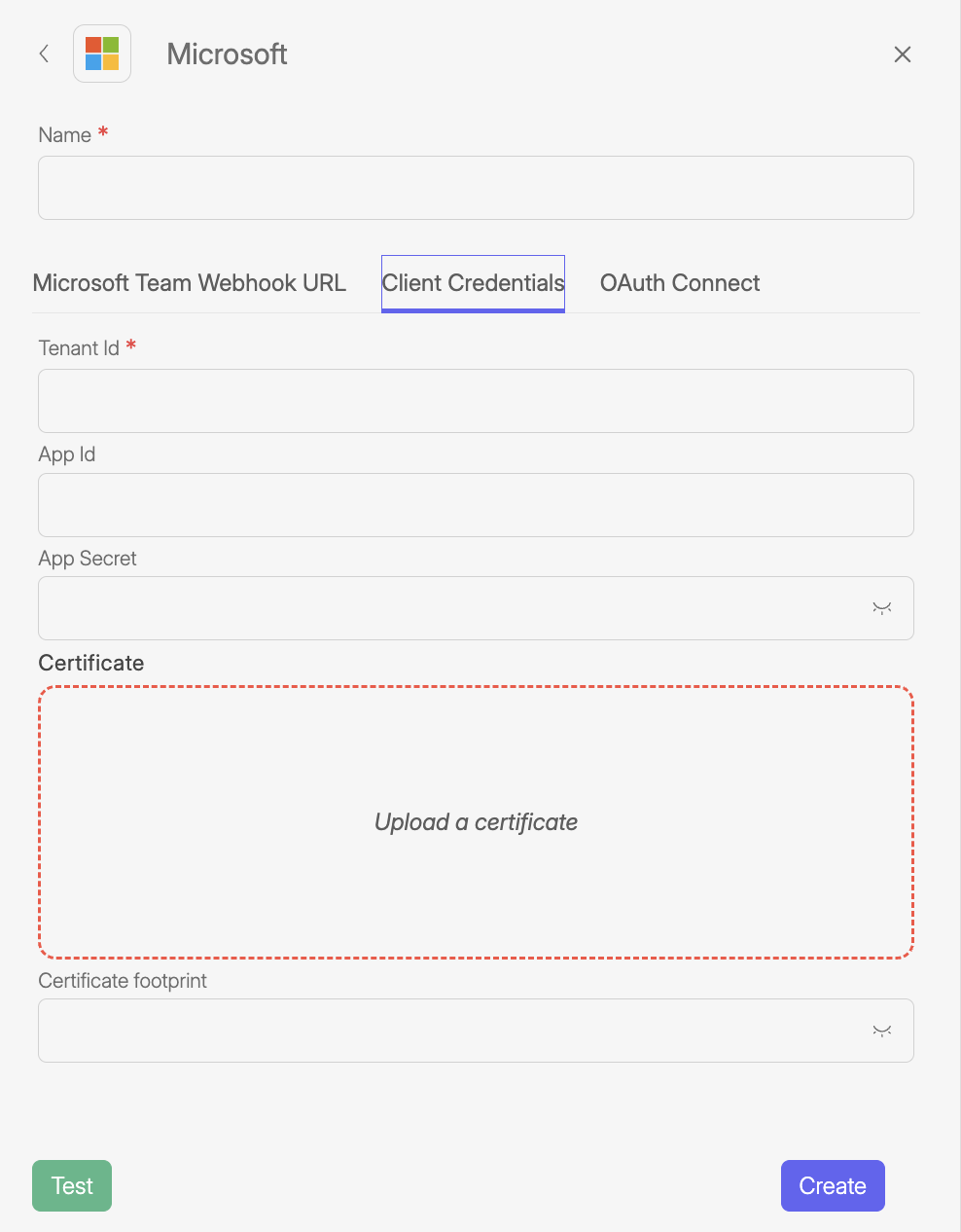 Wiresk Microsoft Client Credentials configuration panel. Required fields include Name, Tenant ID, App ID, and App Secret. A large certificate upload area is displayed with a certificate footprint field below. Buttons for Test and Create appear at the bottom of the panel.